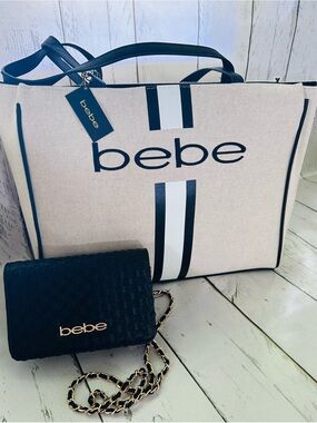 bebe Cream & Black Logo Tote with Black Crossbody Wallet Bundle